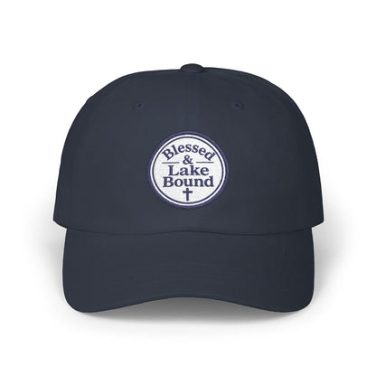 Blessed & Lake Bound Dad Cap | Embroidered Circle Logo, White Baseball Hat