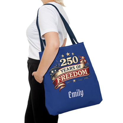 250 Years of Freedom Tote Bag | Patriotic Flag Ribbon Design