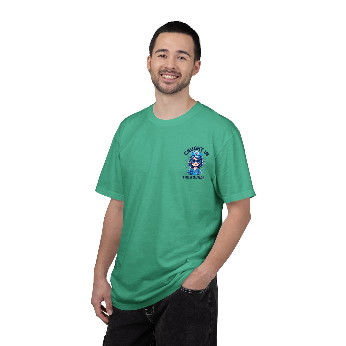 Unisex Graphic Tee - 'Caught in the Rounds', Casual Wear, Gift for Friends, Comfortable Everyday Tee, Fun Summer Shirt, Halloween Nurse