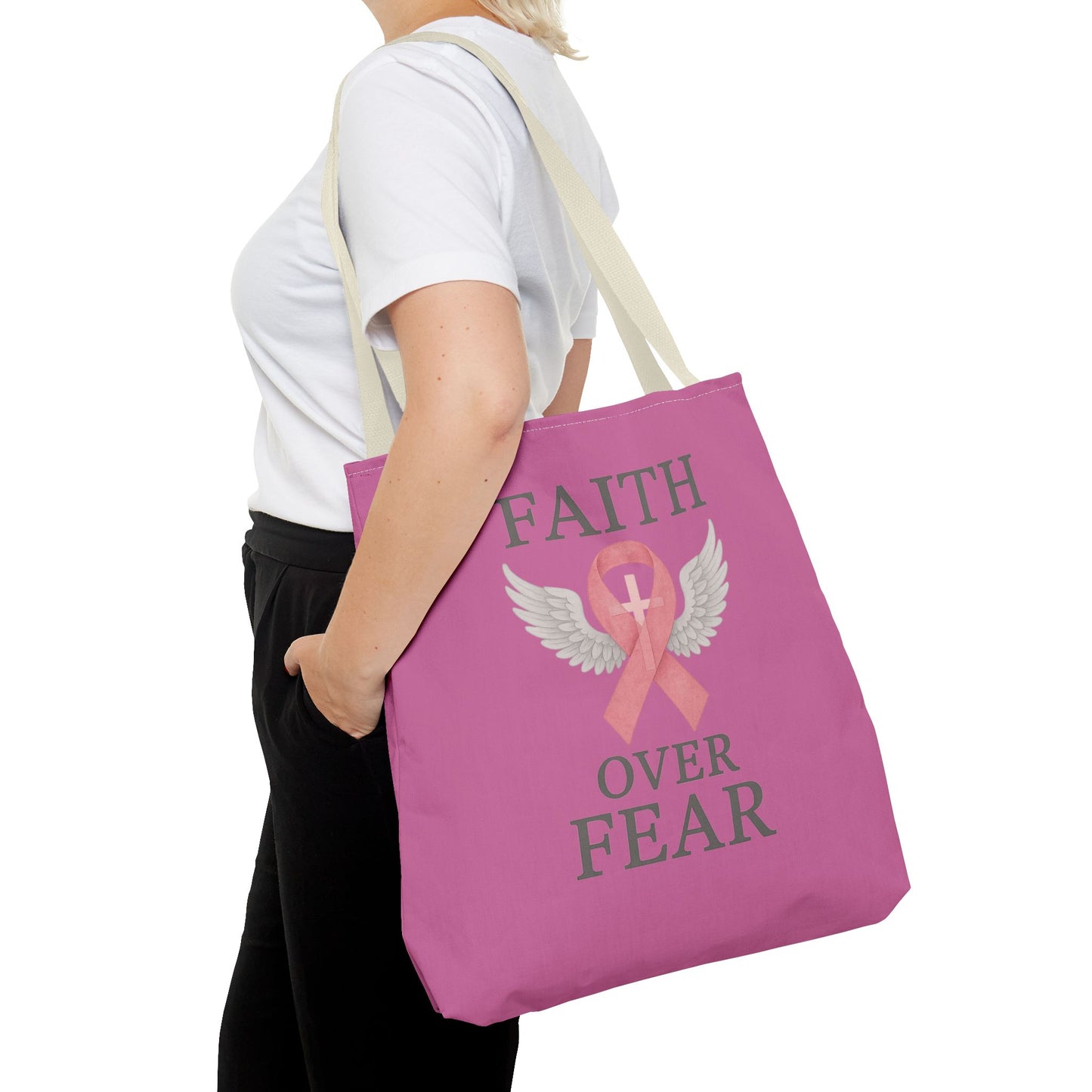 Faith Over Fear Tote Bag - Inspirational, Pink Ribbon, Breast Cancer Awareness, Motivational Gift, Everyday Use