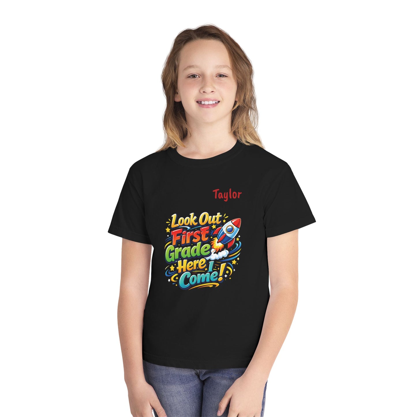 First Grade Here I Come Youth Tee | Rocket Back to School Shirt