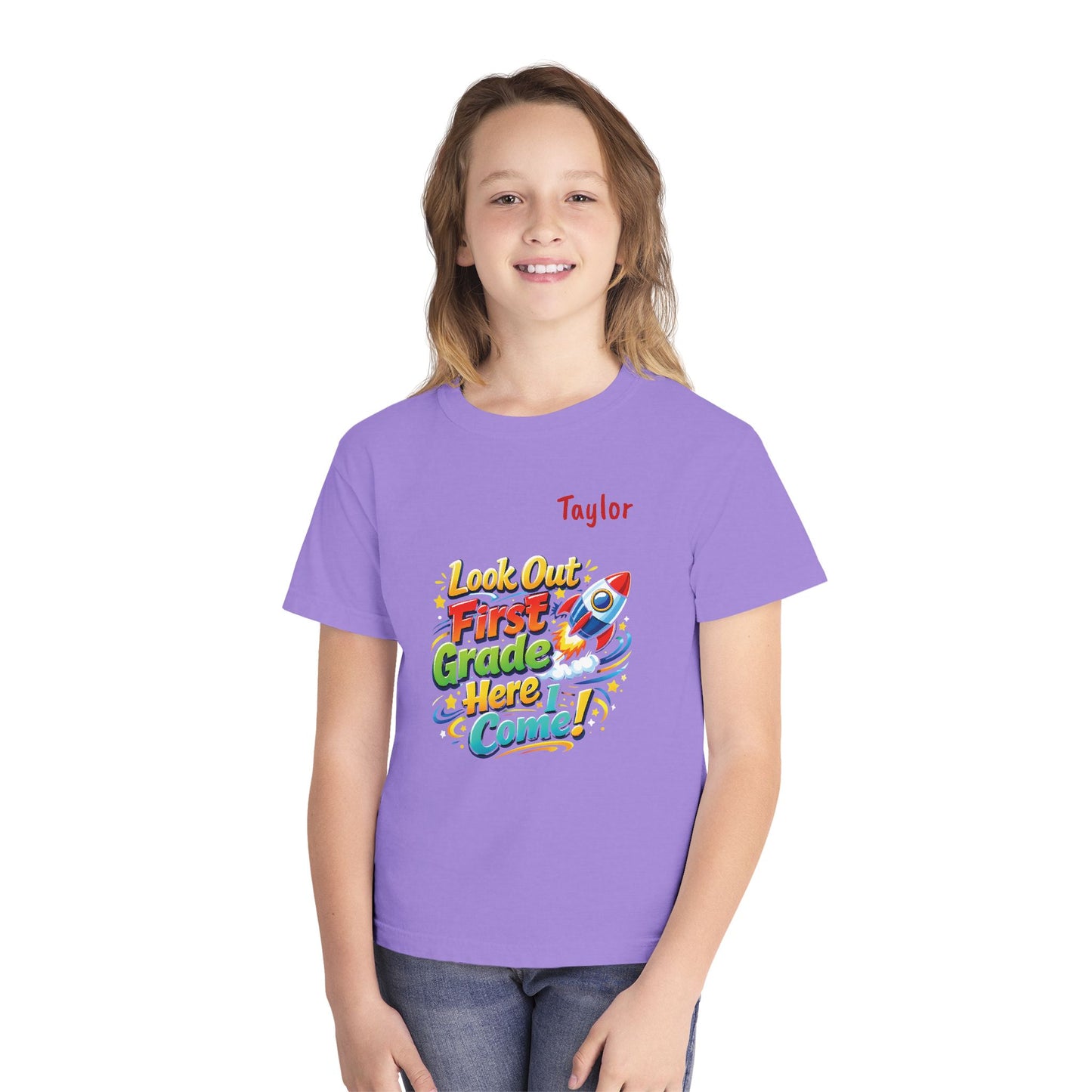 First Grade Here I Come Youth Tee | Rocket Back to School Shirt