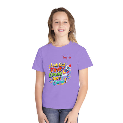 First Grade Here I Come Youth Tee | Rocket Back to School Shirt