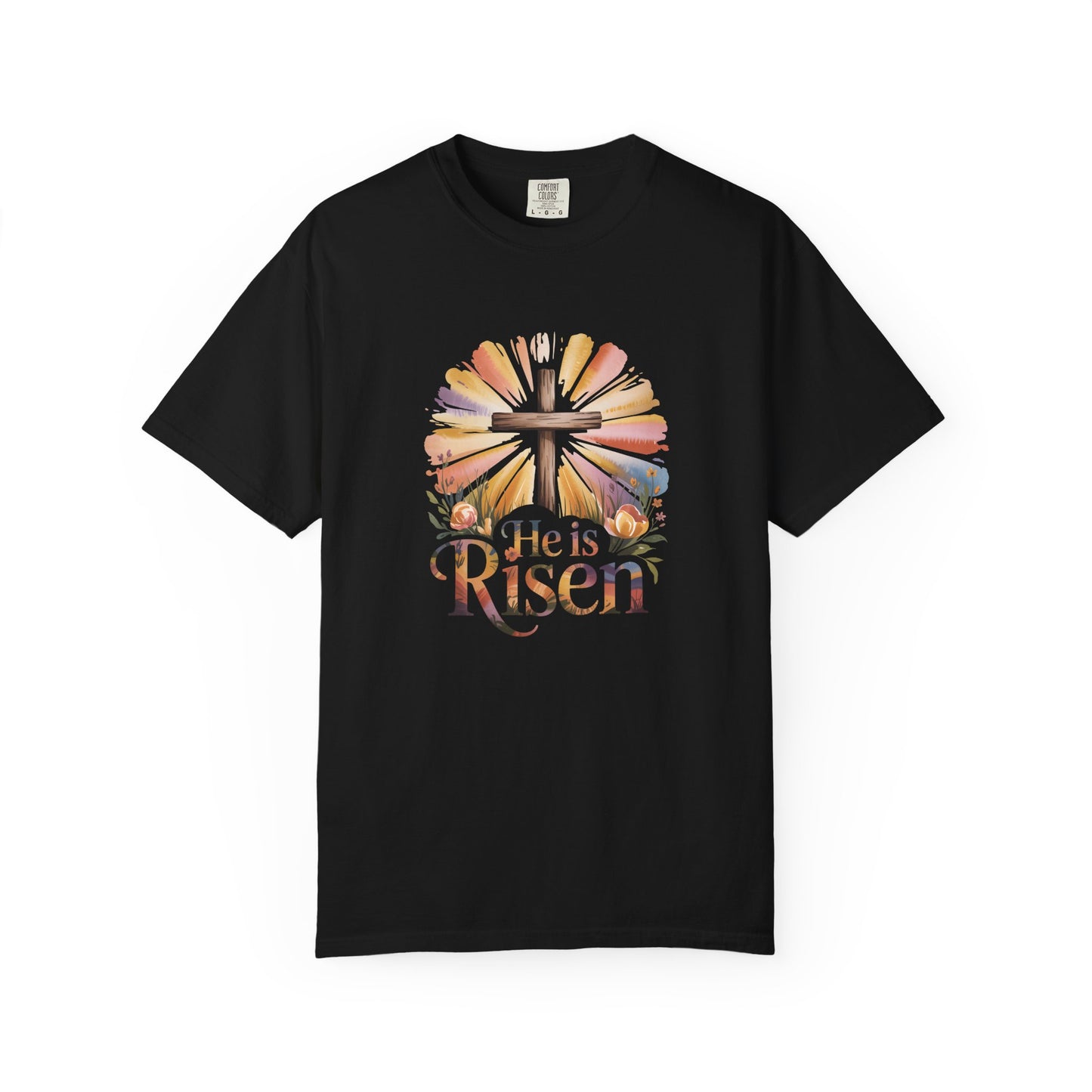 He Is Risen cross sunrise design T-Shirt | Easter faith floral
