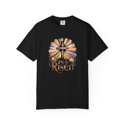 He Is Risen cross sunrise design T-Shirt | Easter faith floral