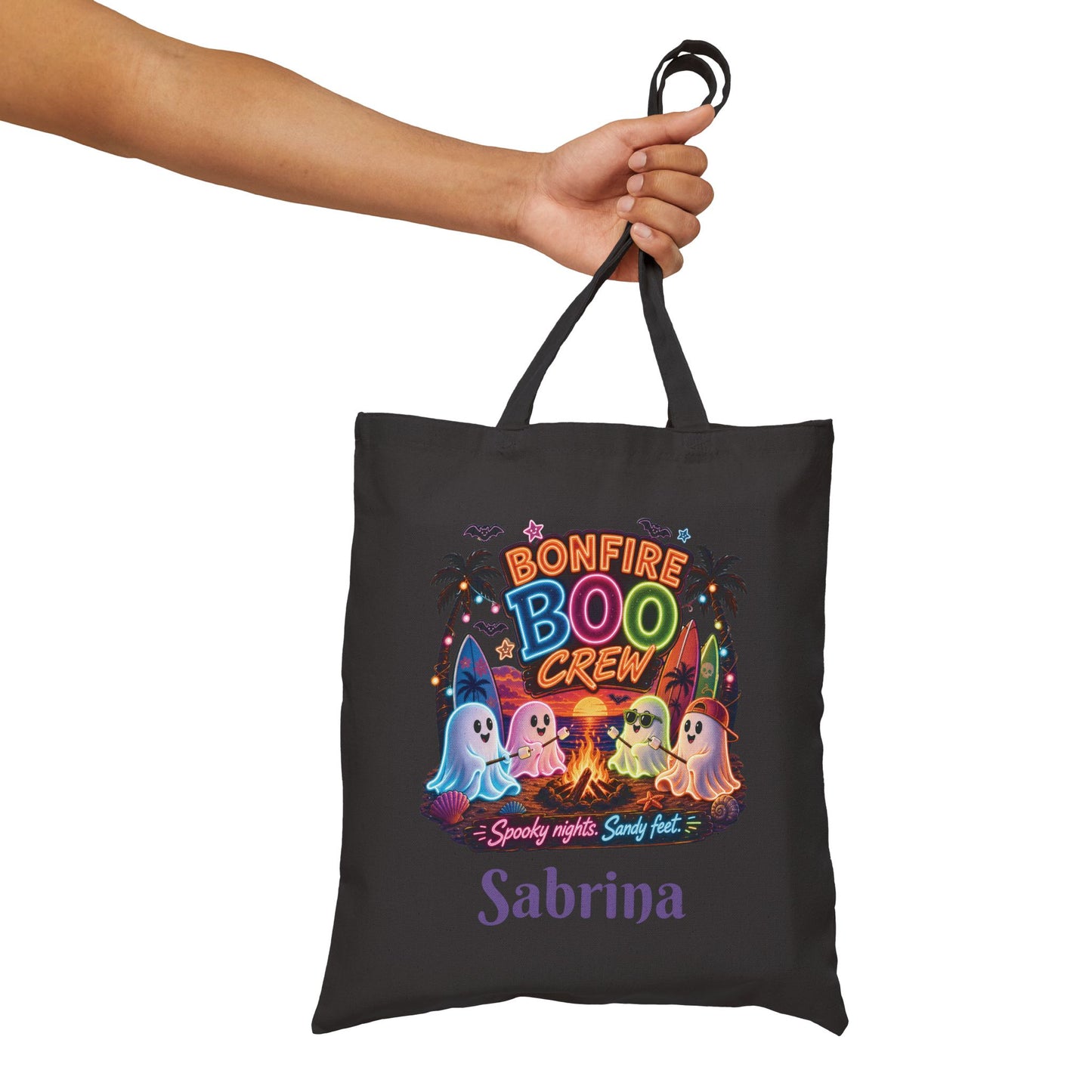 Bonfire Boo Crew Tote Bag | Halloween ghosts, campfire spooky beach design