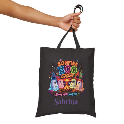 Bonfire Boo Crew Tote Bag | Halloween ghosts, campfire spooky beach design