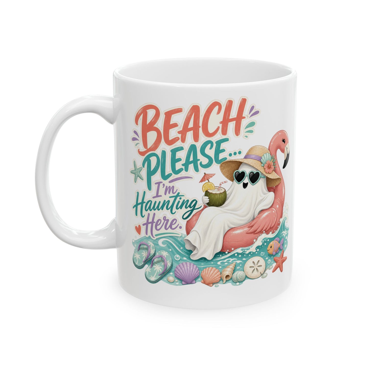 Beach Please Flamingo Mug | Tropical Seashell Vacation Coffee Cup