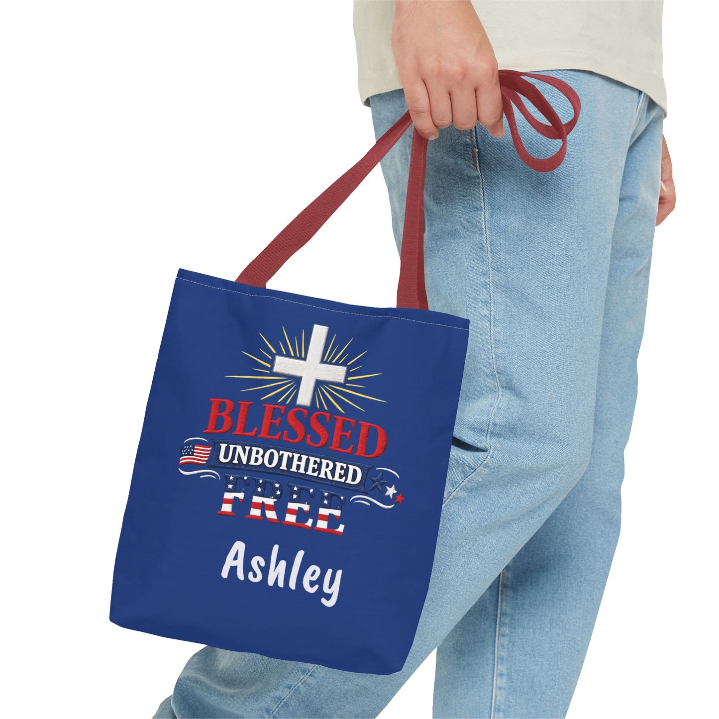 Blessed Unbothered Free Cross tote bag | patriotic faith design