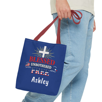 Blessed Unbothered Free Cross tote bag | patriotic faith design