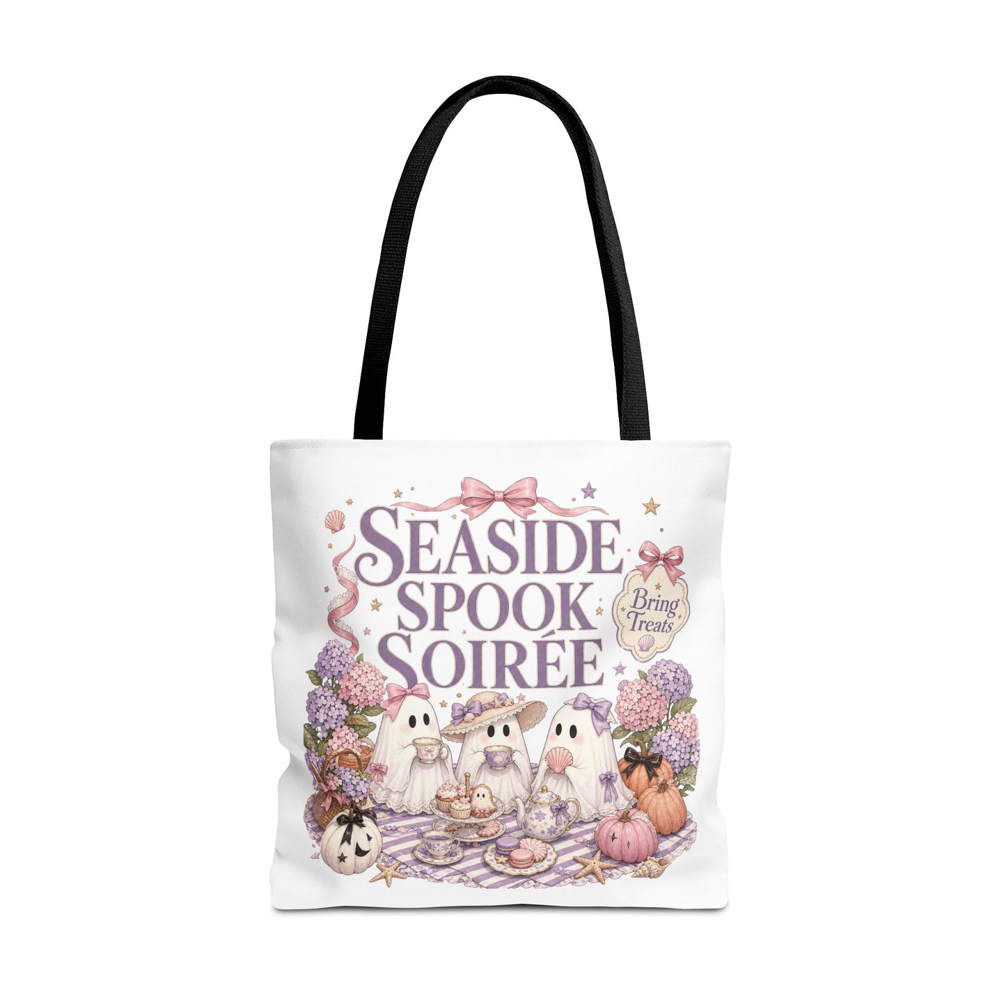 Seaside Spook Soiree Tote Bag | Halloween Ghost Picnic Illustration