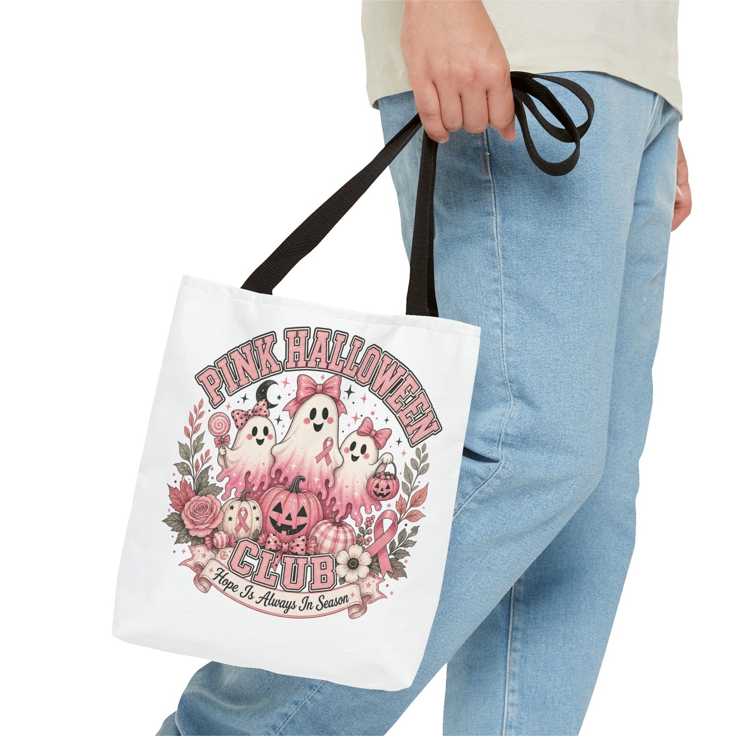Breast Cancer Awareness Pink Halloween Club ghost trio tote bag | spooky floral pumpkin design