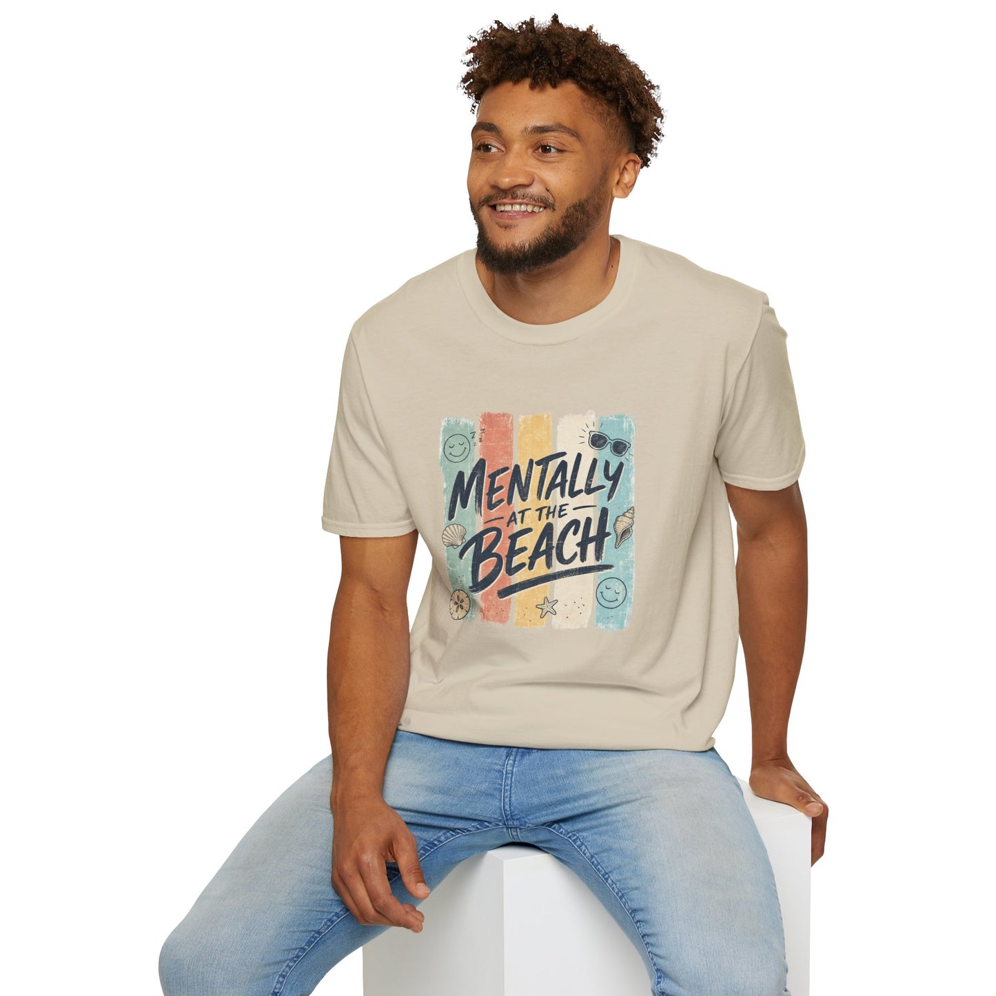 Mentally at the Beach T-Shirt | Retro Stripes, Sunglasses & Seashells