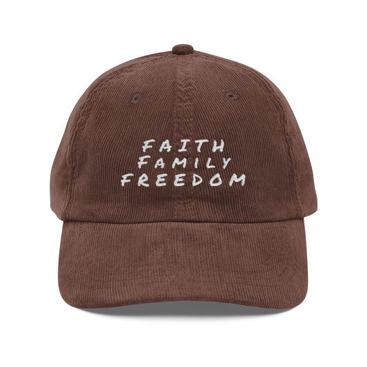 Vintage Embroidered Corduroy Cap - Faith Family Freedom, Stylish Hat, Casual Wear, Gift for Dad, Outdoor Adventures, Trendy Accessory