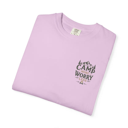 Camp More Worry Less T-shirt | Camping Mountains Pine Trees Design