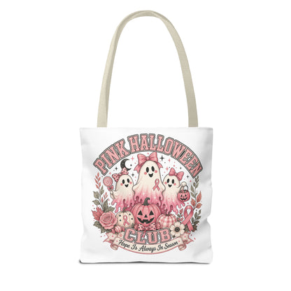 Breast Cancer Awareness Pink Halloween Club ghost trio tote bag | spooky floral pumpkin design