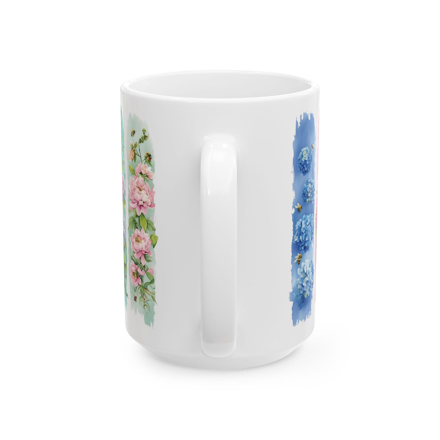 Watercolor Floral Strips Mug | Pink Peonies Blue Hydrangea Ceramic Mug