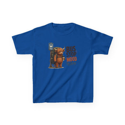 Bus Stop Mood Kids Tee | Grumpy Highland Cow Illustration, Funny Morning Shirt