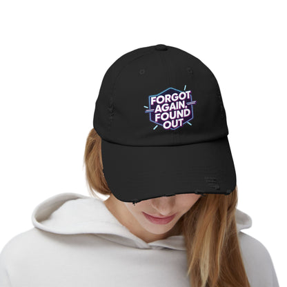 Unisex Distressed Cap with 'Forgot Again, Found Out' Design | Trendy Casual Hat | Gift for Friends | Summer Accessory | Everyday Wear