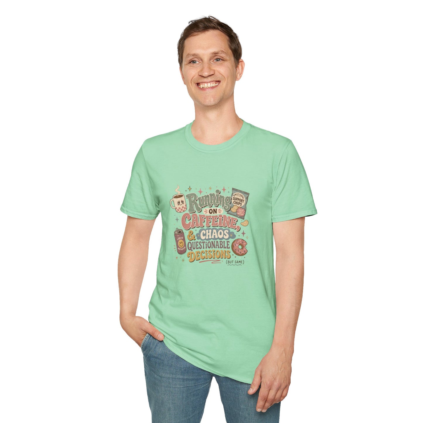 Running on Caffeine & Chaos T-Shirt | Coffee Mug Donut Illustration
