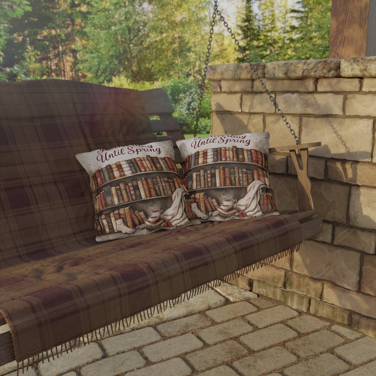 Introverting Until Spring Outdoor Pillow | Bookish Library Design, Cozy Reading Decor