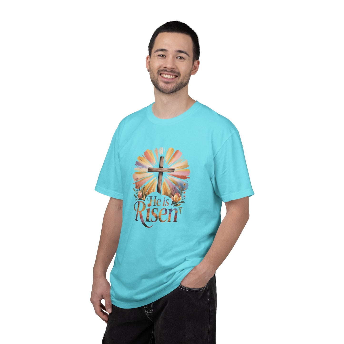 He Is Risen cross sunrise design T-Shirt | Easter faith floral