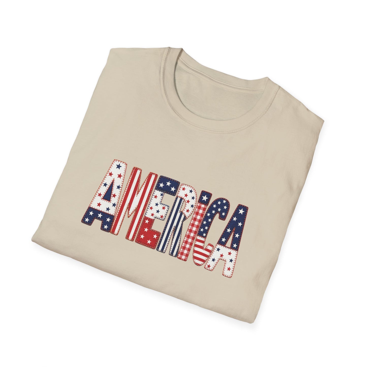 American Flag Patchwork Style Letters T-Shirt | Patriotic Fourth of July Tee