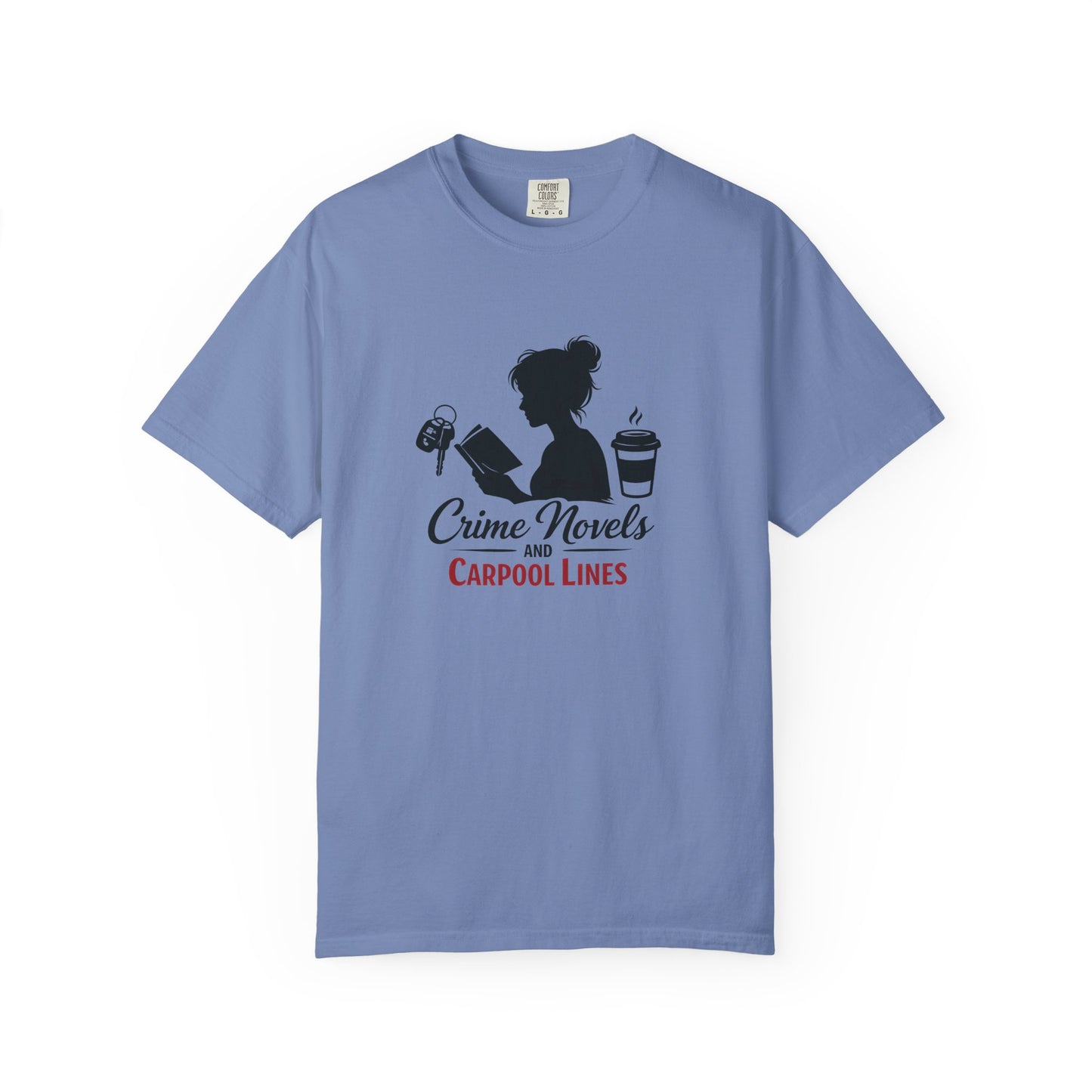 Crime Novels and Carpool Lines T-shirt | Reading Mom Silhouette, Coffee Graphic