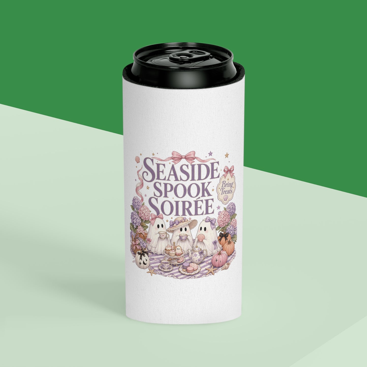 Seaside Spook Soiree Can Cooler | Halloween Ghost Picnic Cooler Sleeve