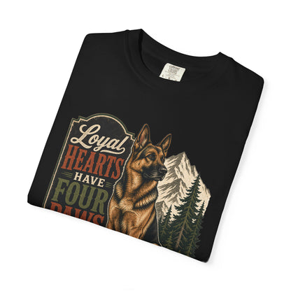 Loyal Hearts Have Four Paws German Shepherd T-shirt | Mountain Forest Dog Design