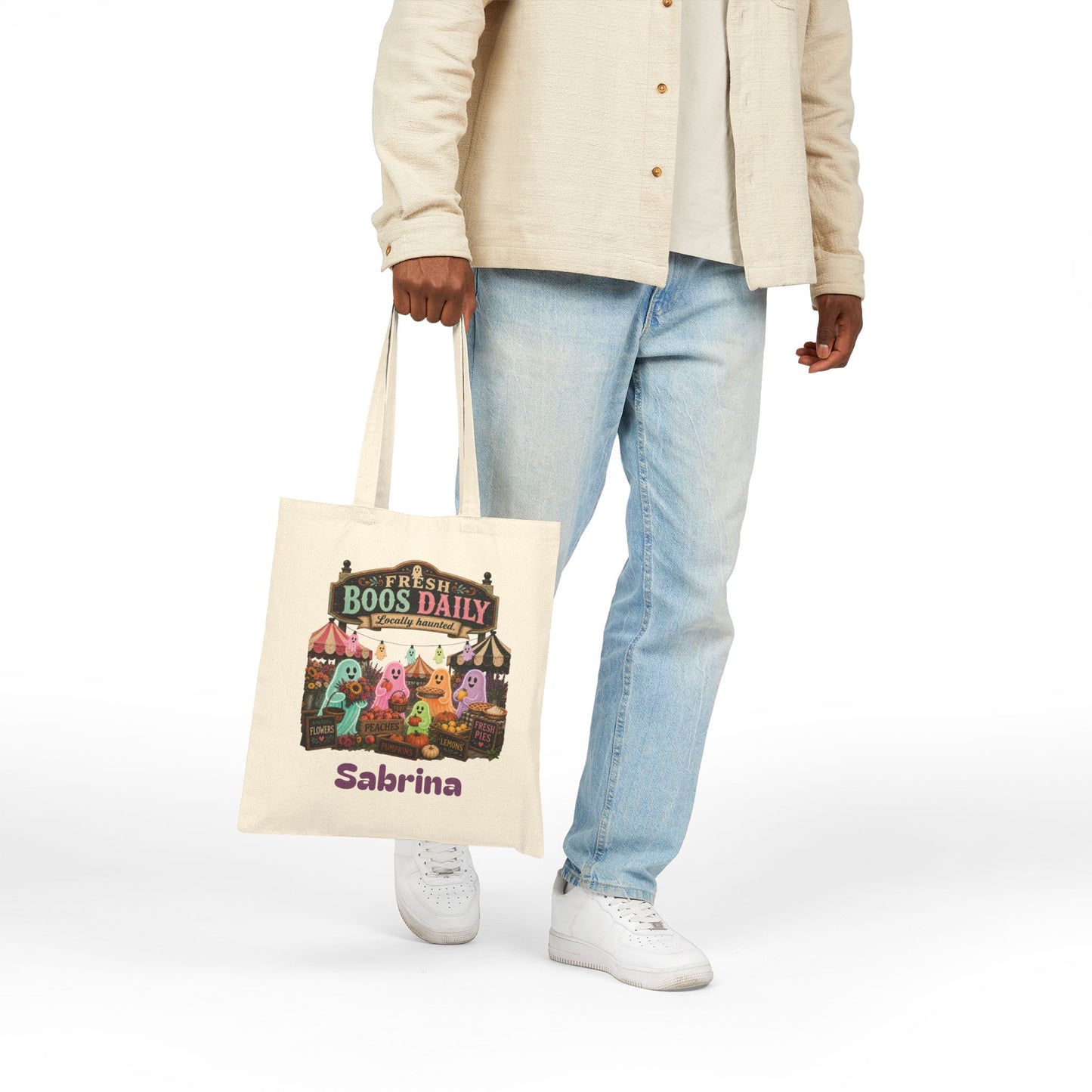 Fresh Boos Daily ghost market Tote Bag | Halloween trick-or-treat canvas tote