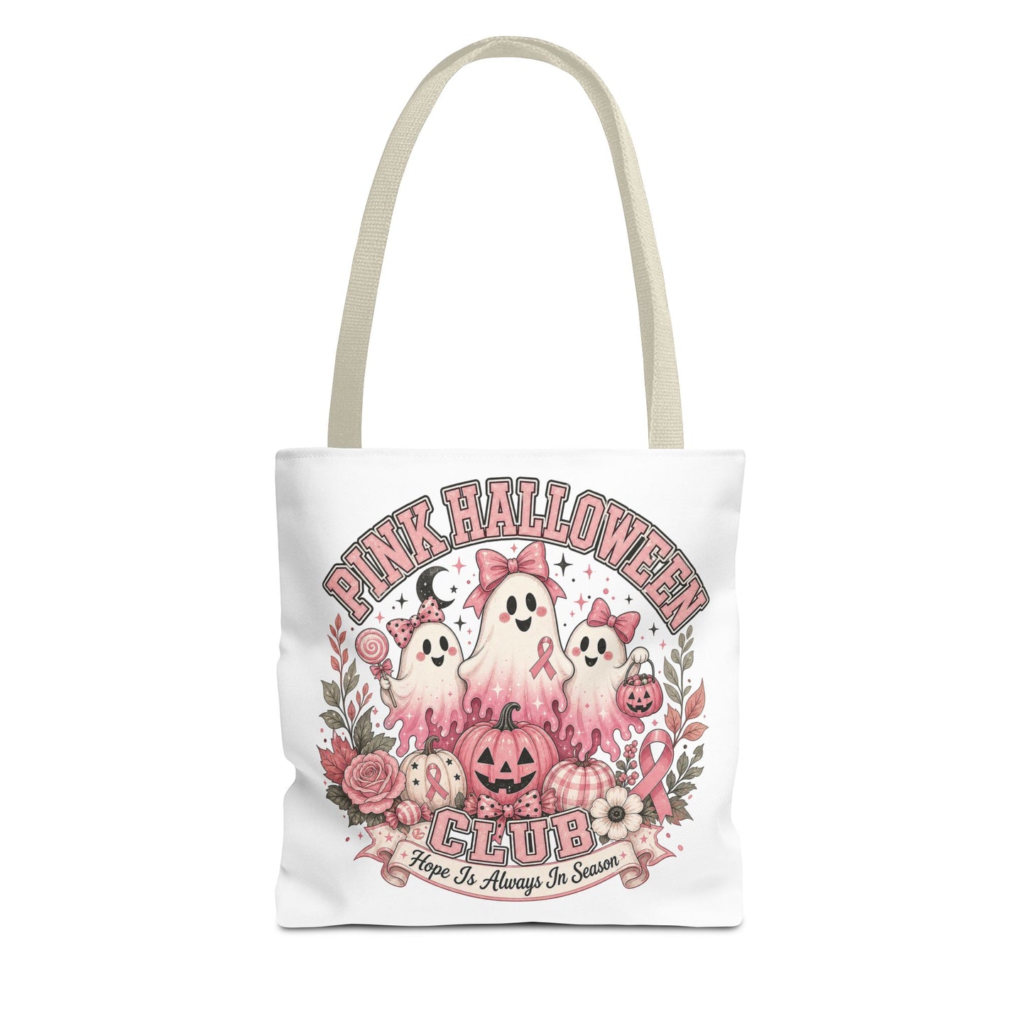 Breast Cancer Awareness Pink Halloween Club ghost trio tote bag | spooky floral pumpkin design