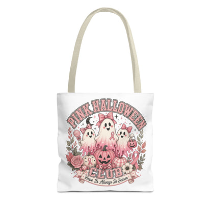 Breast Cancer Awareness Pink Halloween Club ghost trio tote bag | spooky floral pumpkin design