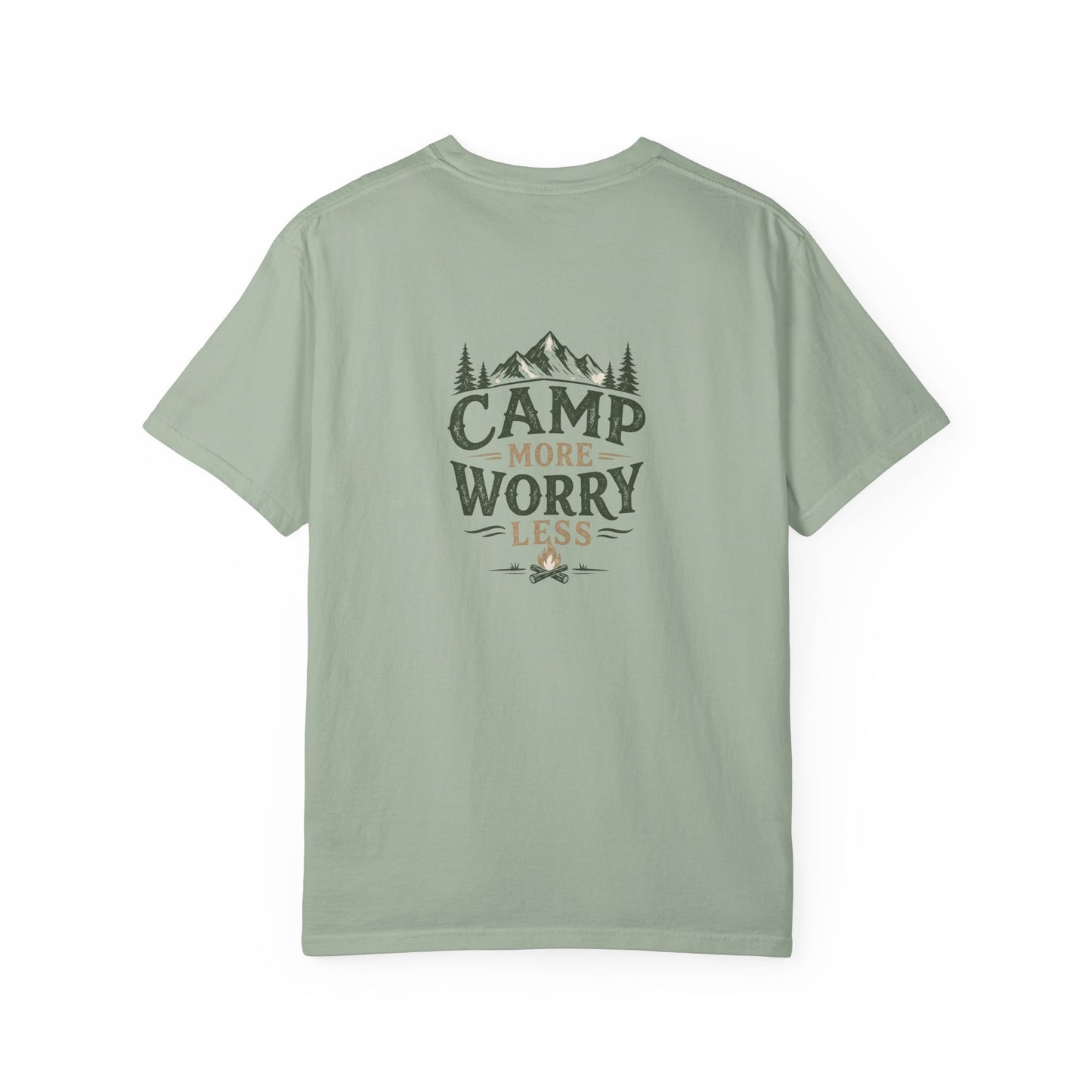 Camp More Worry Less T-shirt | Camping Mountains Pine Trees Design