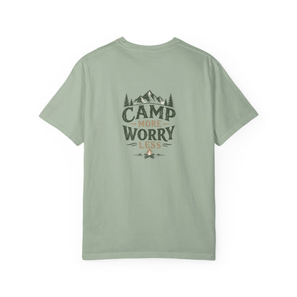 Camp More Worry Less T-shirt | Camping Mountains Pine Trees Design