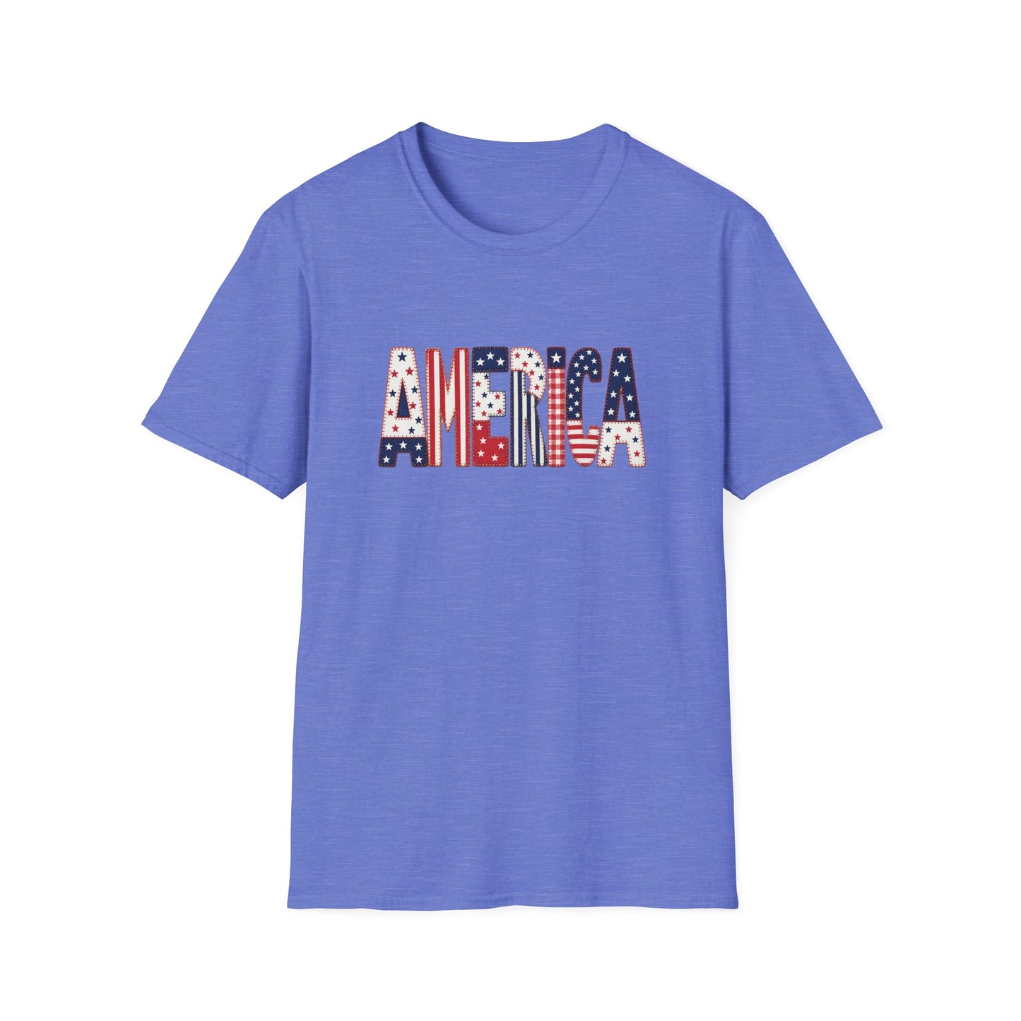 American Flag Patchwork Style Letters T-Shirt | Patriotic Fourth of July Tee