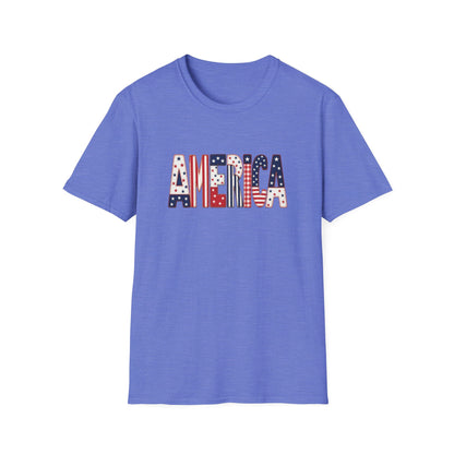 American Flag Patchwork Style Letters T-Shirt | Patriotic Fourth of July Tee