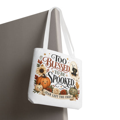 Too Blessed to Be Spooked Tote Bag | Halloween Pumpkin Ghost Fall Leaves
