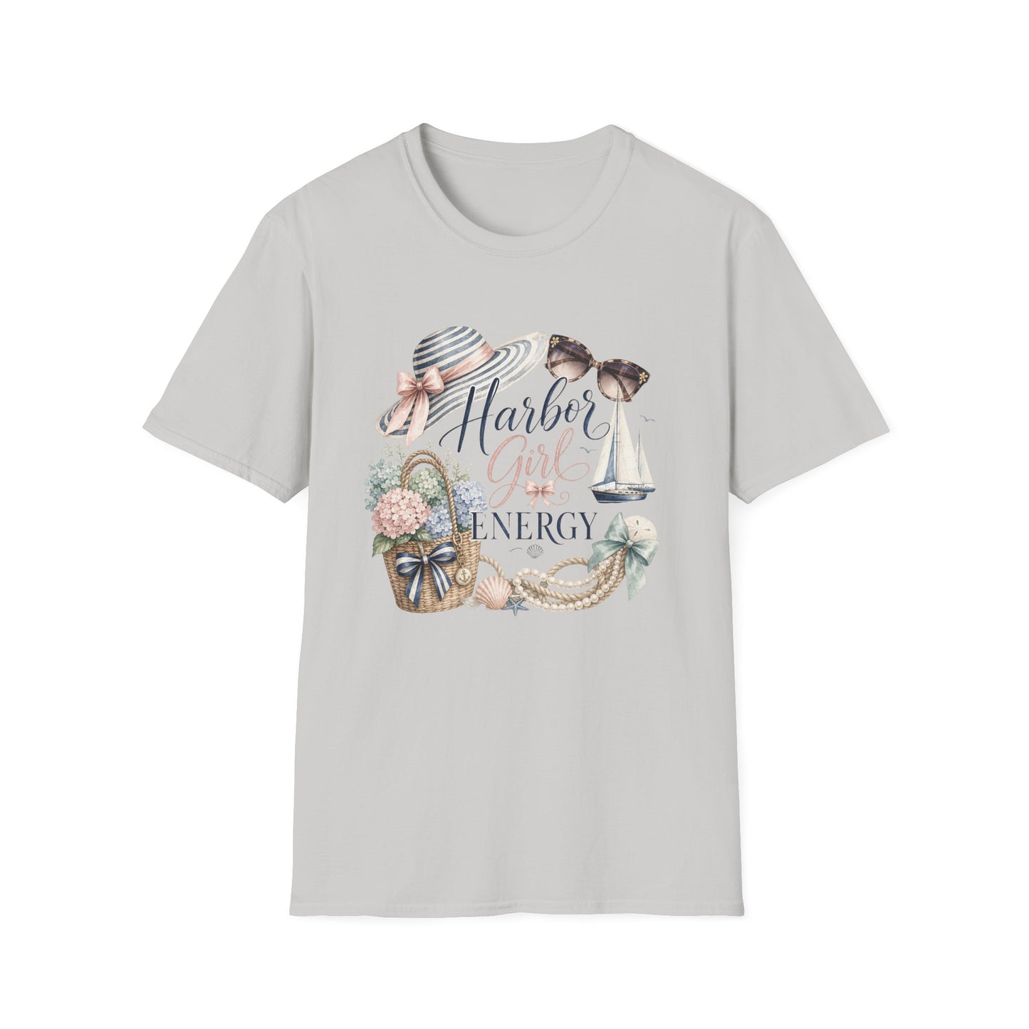 Harbor Girl illustration T-Shirt | Nautical hat, sailboat, seashells