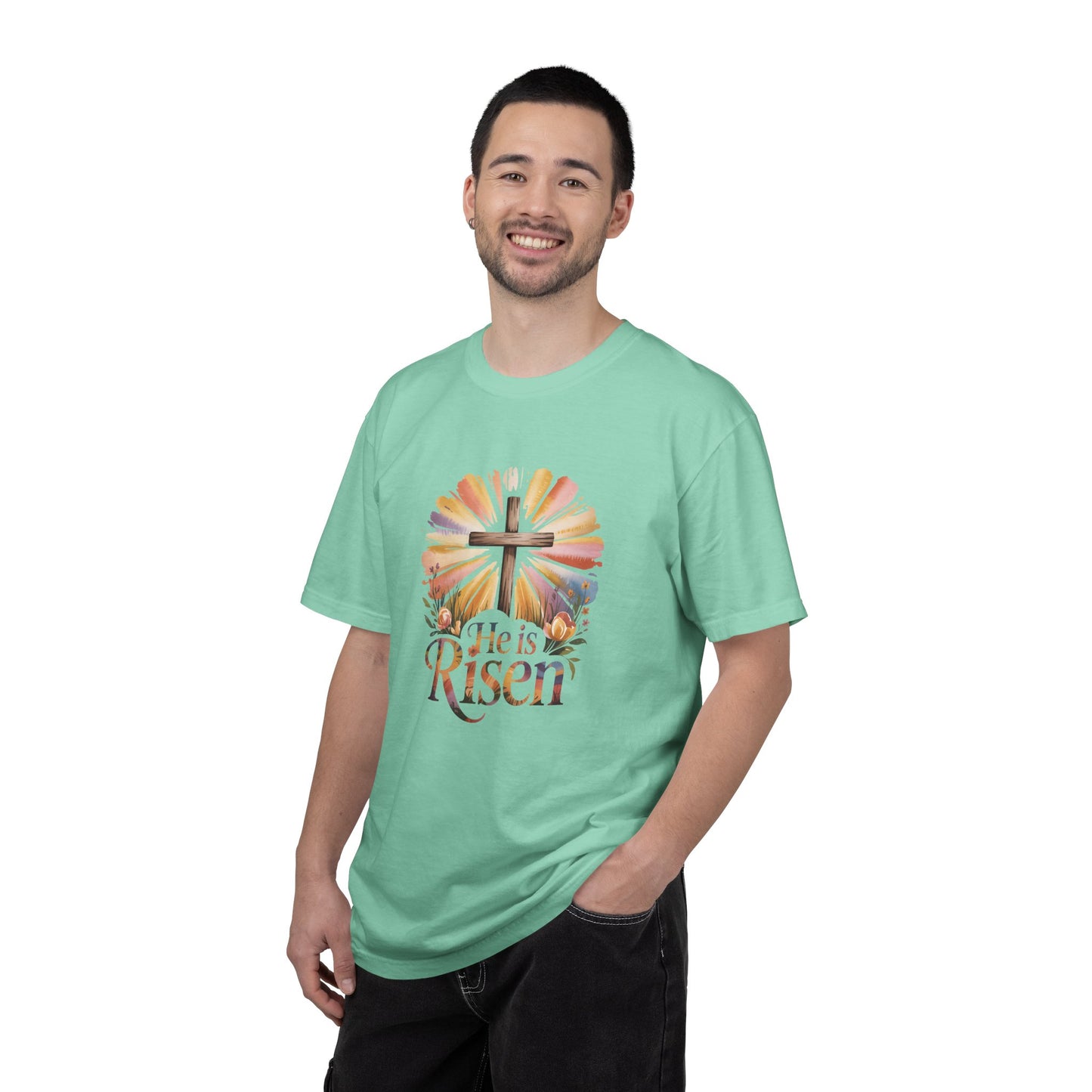 He Is Risen cross sunrise design T-Shirt | Easter faith floral