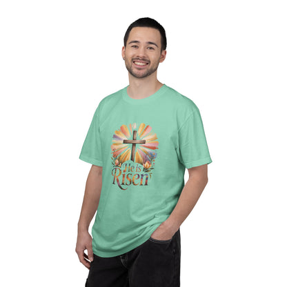 He Is Risen cross sunrise design T-Shirt | Easter faith floral