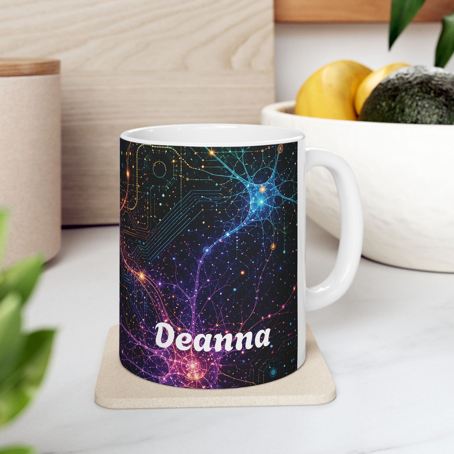 Abstract Neon Circuitry Galactic Pattern Mug | Space Tech Coffee Cup