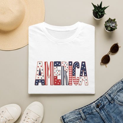 American Flag Patchwork Style Letters T-Shirt | Patriotic Fourth of July Tee