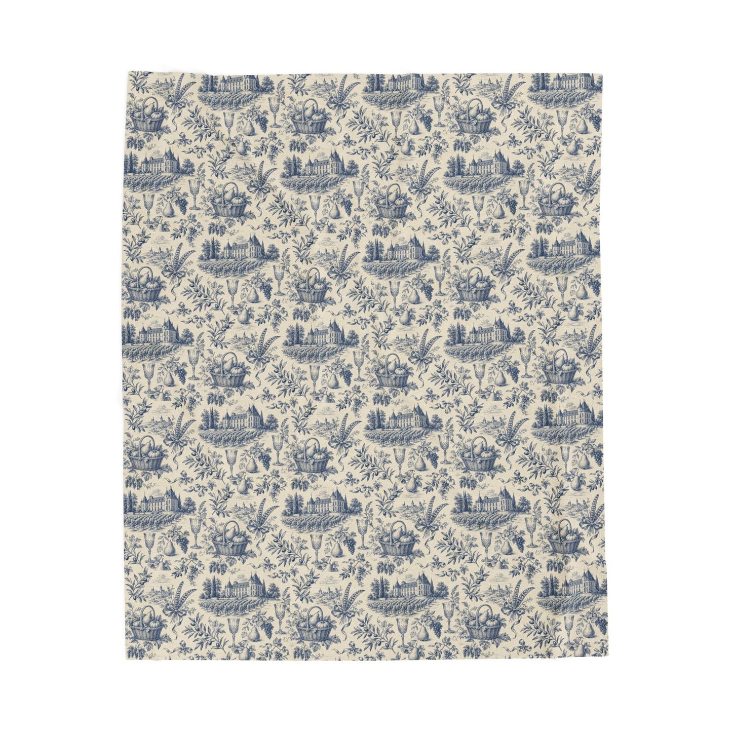 French Harvest Toile Landscape Velveteen Plush Blanket | Vintage Cottage Pattern