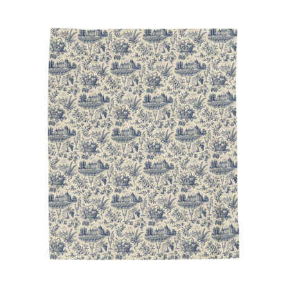 French Harvest Toile Landscape Velveteen Plush Blanket | Vintage Cottage Pattern