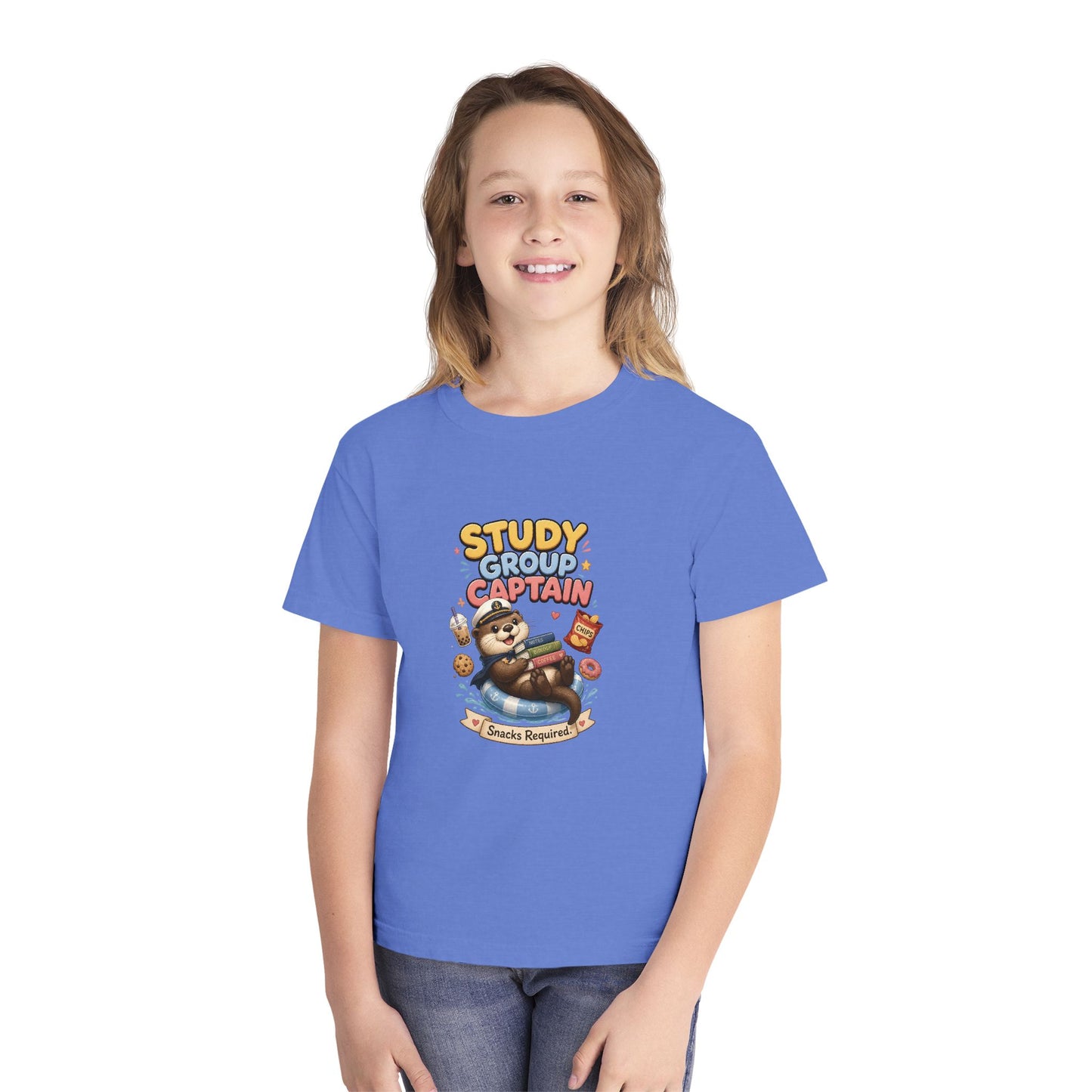 Study Group Captain Youth Tee | Sloth Studying Snacks Graphic