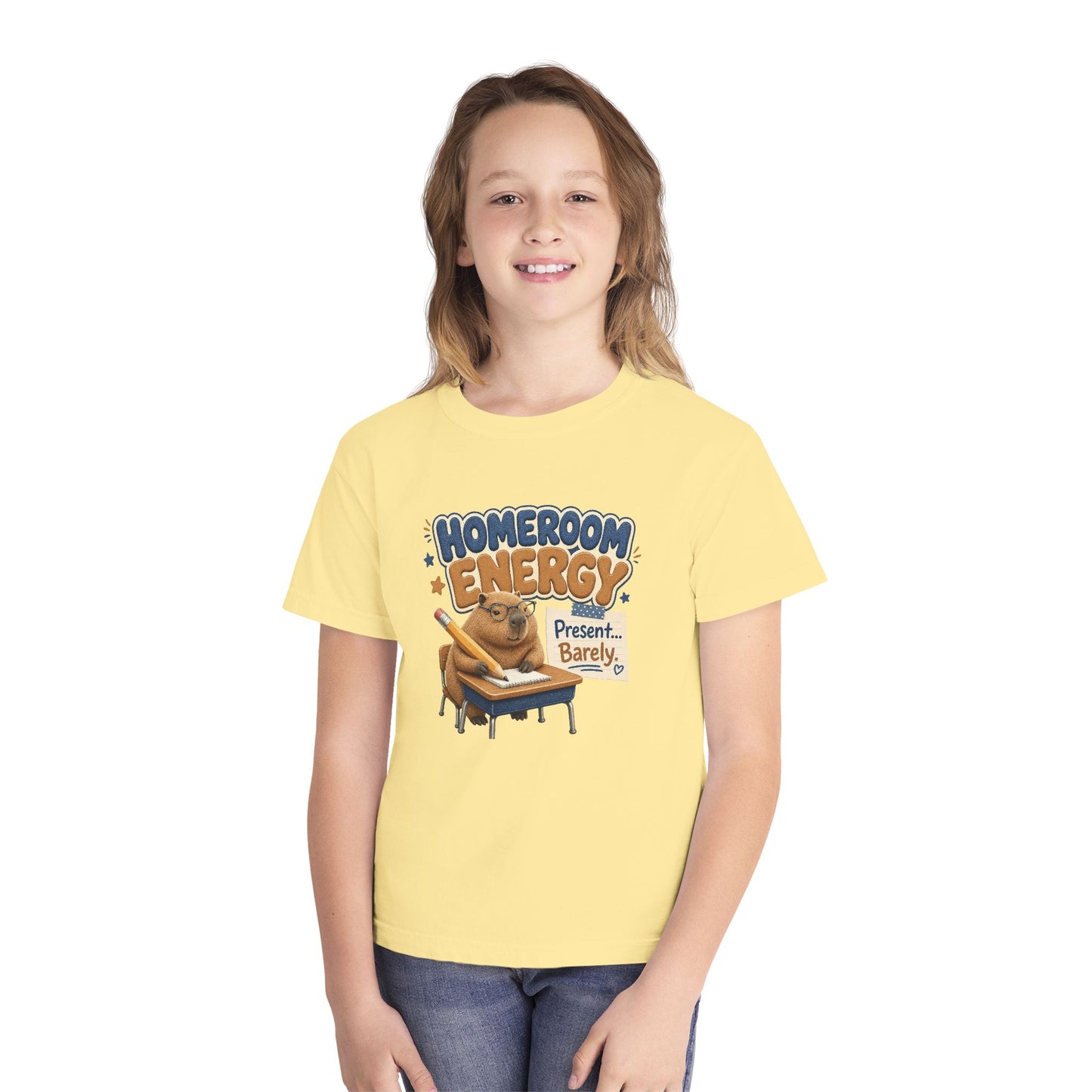 Homeroom Energy Sloth on Desk Youth Tee | Funny School Illustration