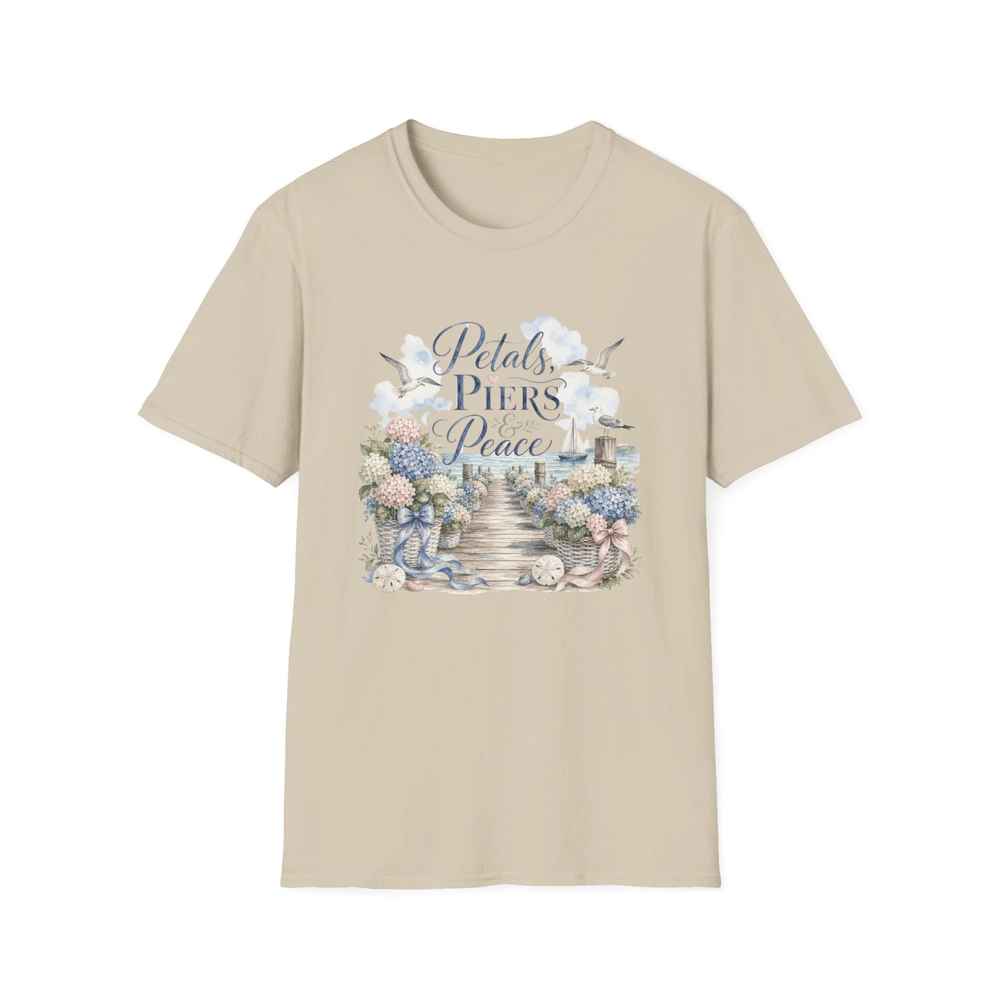 Petals Piers Peace T-Shirt | Coastal Lighthouse Floral Seagulls Design