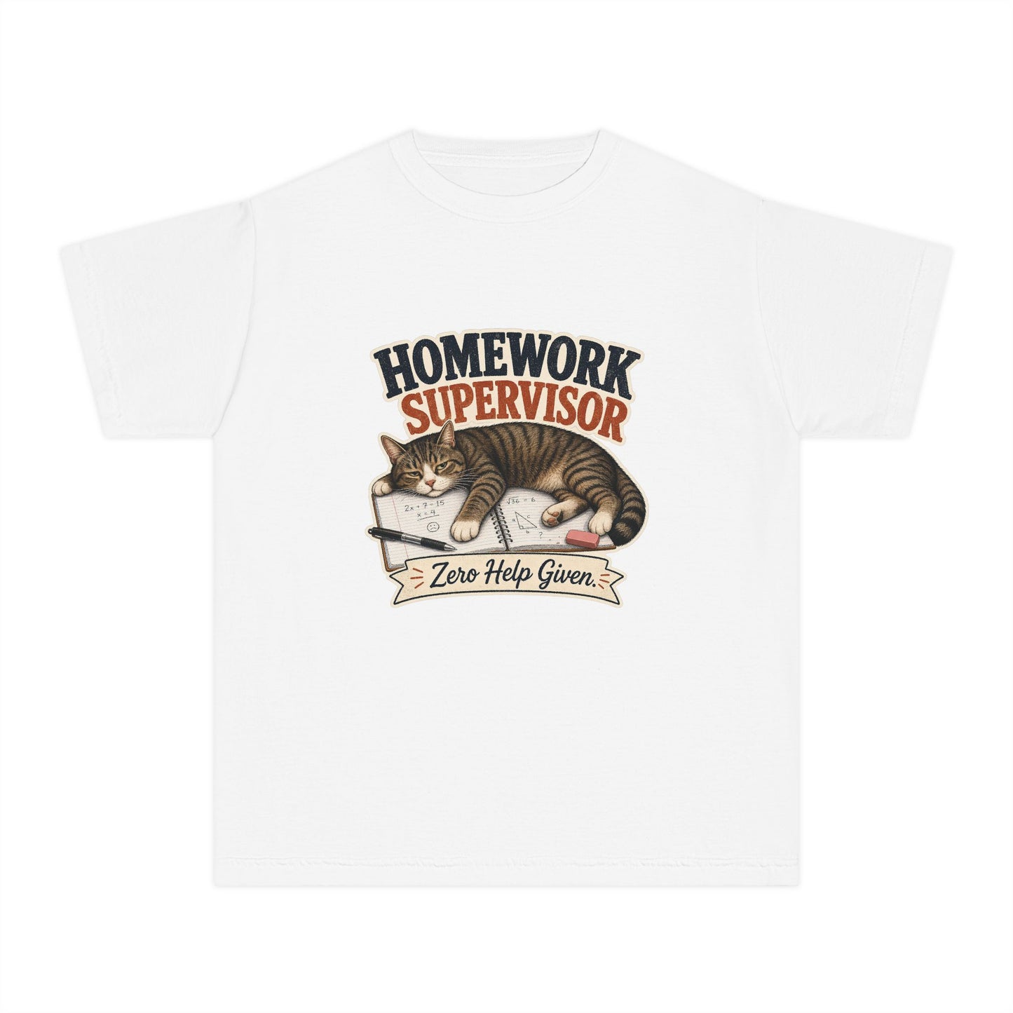 Homework Supervisor Cat Youth Tee | "Zero Help Given" retro kitten design