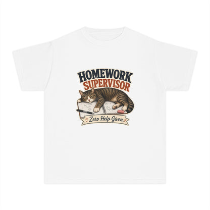 Homework Supervisor Cat Youth Tee | "Zero Help Given" retro kitten design